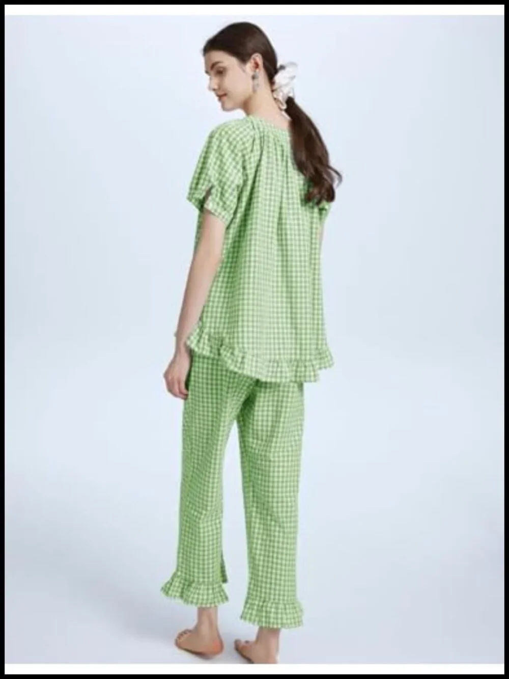 Cotton Gingham Pajama Set Ruffle Babydoll Top Wide Leg Pants Lounge Sleepwear